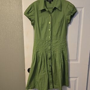 Perceptions Green Pleated Midi Dress with Puff Cap Sleeves